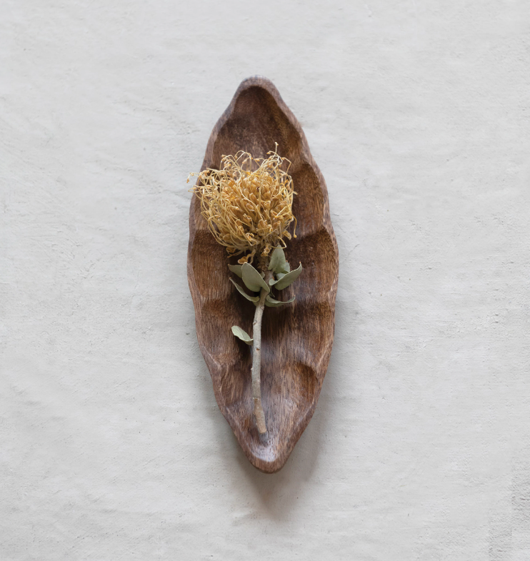 Hand-Carved Acacia Wood Leaf Shaped Dish