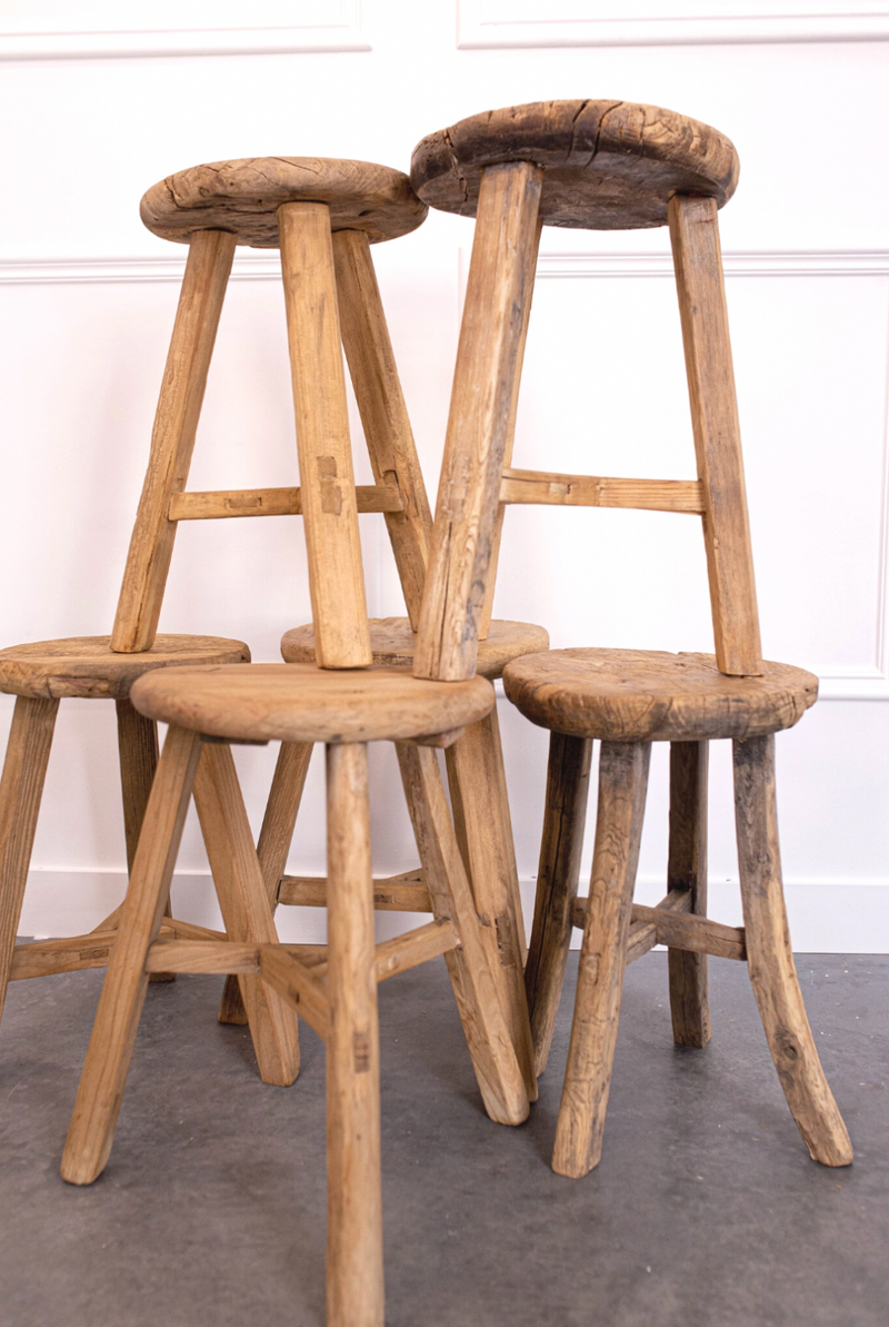 Vintage Elm Wood Round Stool