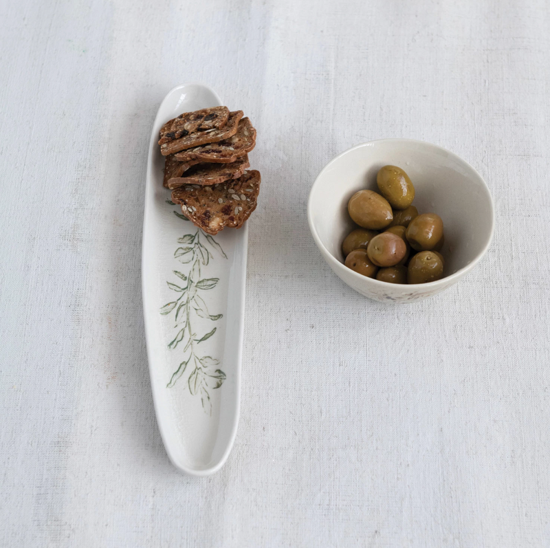 Oval Debossed Stoneware Tray with Botanical Print