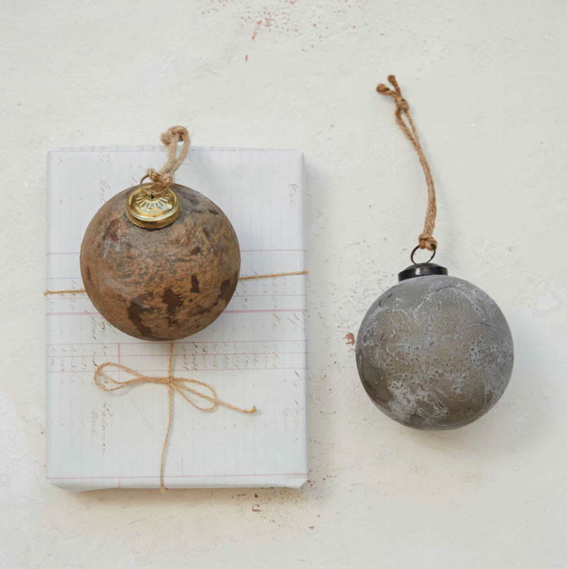 Recycled Glass Ball Ornament, Distressed Frosted Finish, 2 Colours